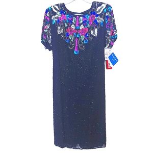 80s Vintage Swee Low Hand Beaded 100% Silk Cocktail Formal Dress